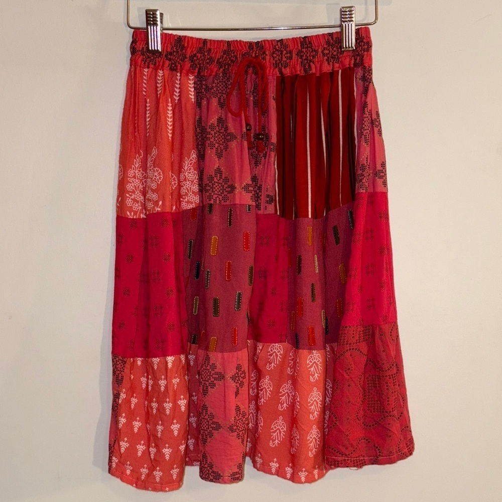 1990s Dead Stock Bohemian Patchwork Red & Pink A Line Skirt XS/Small 0-4 Woman’s
